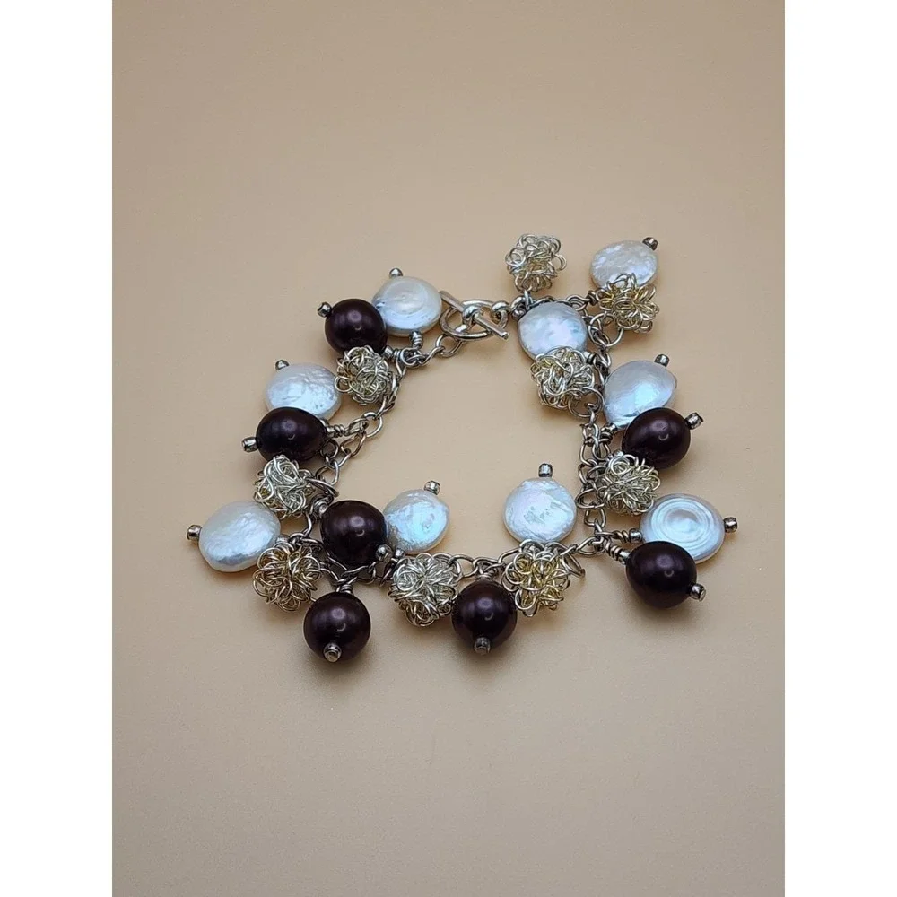 Vtg GENUINE Coin Pearl & Brown Glass Bead Bracelet Silver Wire Balls FREE $HIP!!